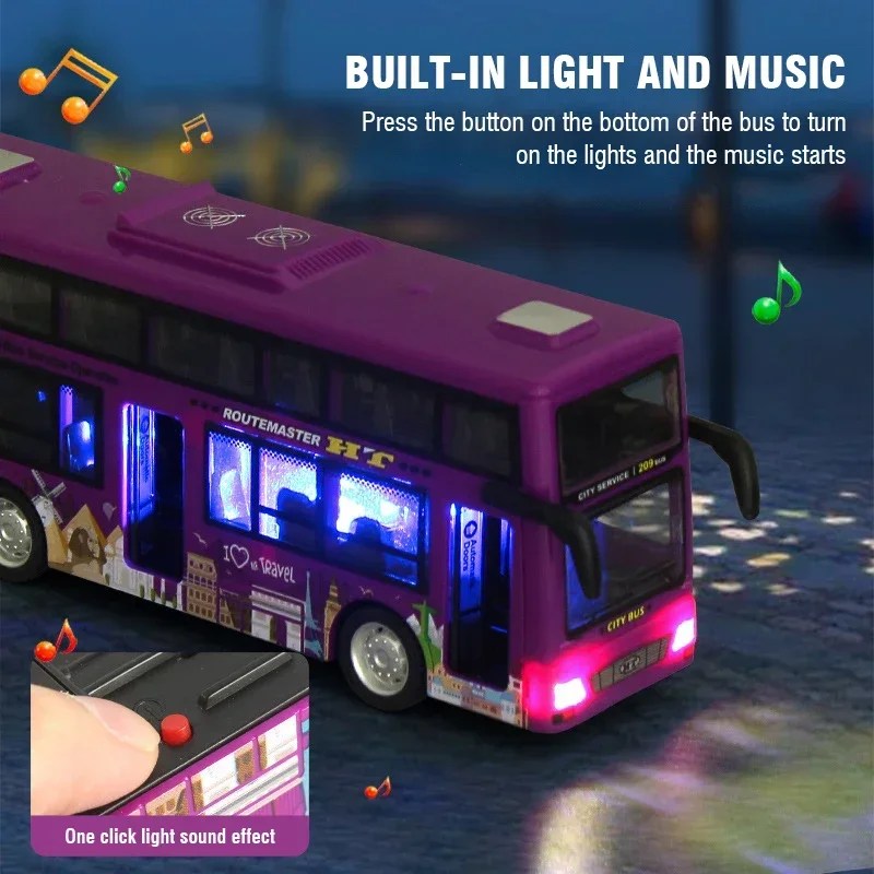 Double Decker Sightseeing Bus Pull Back Tour Bus Car Light Music Open the Door Inertial Vehicles Model Toy Boy Christmas Gifts