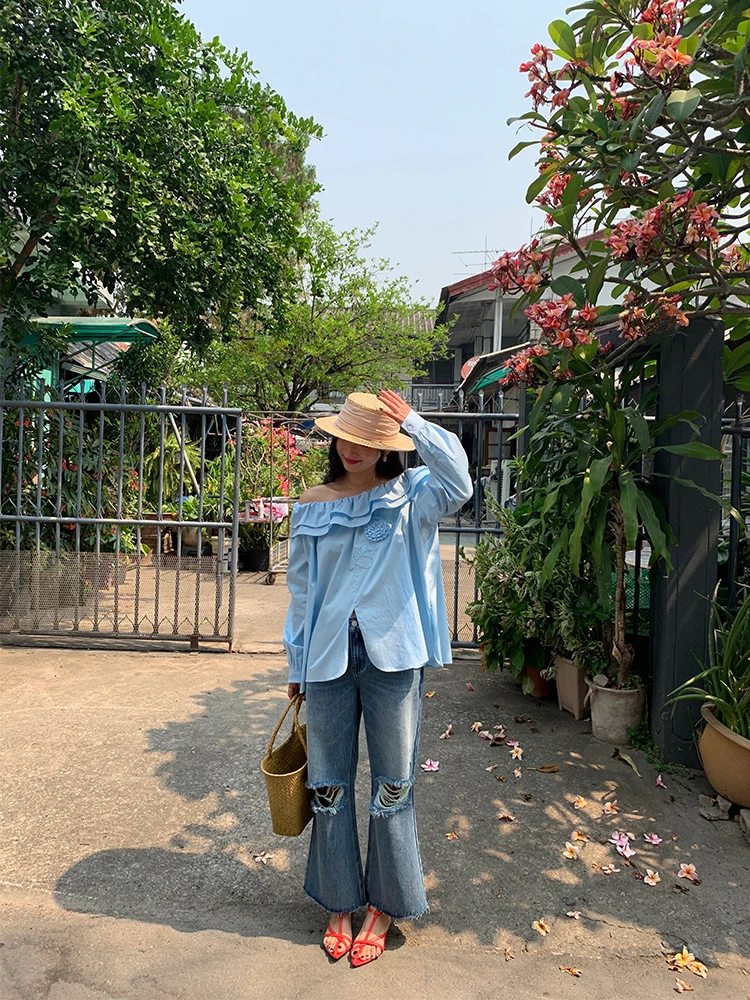 Hohe Taille Bell Bot Lochstanzjeans Damen 2025, neue Sle Casual Loose Fit Lange Hosen Sommersaison Denim Blau
