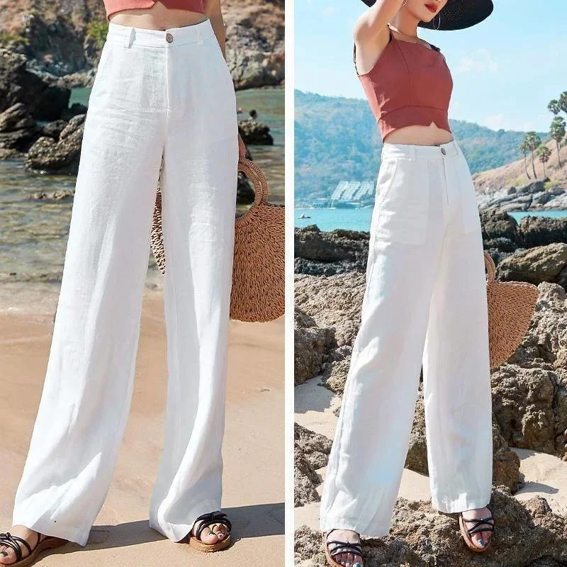 

Cotton Linen Pants Women Summer Elegant High Waist White Wide Leg Pants Korean Casual Loose Zipper Straight Full Trousers Female