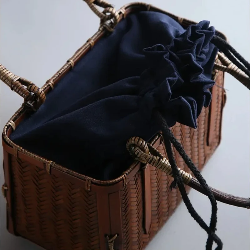 

Vintage Square Hand Basket Handmade Bamboo Weaving Organizer Box Bundle Design Storage Baskets Japanese Tea Set Storage Bags
