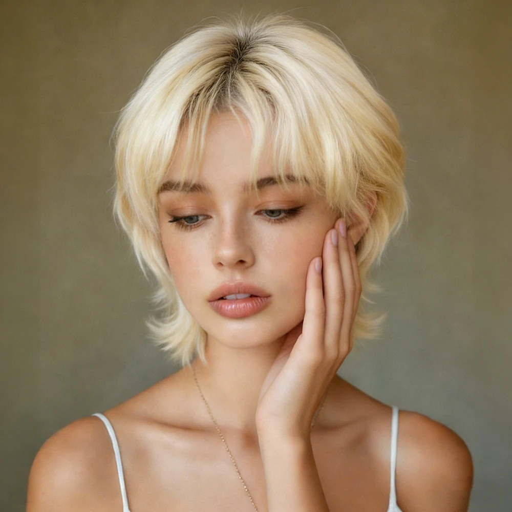 

613 Blonde Short Mullet Wig for Women Full Machine Made Brazilian Remy Hair Pixie Cut Wig Human Hair Wigs Daily Party Cosplay