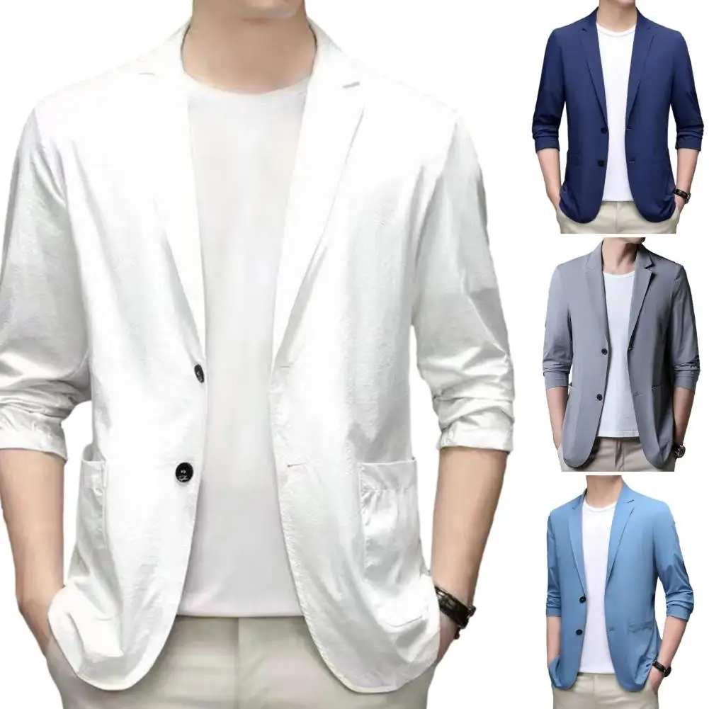 Men Blazers Slim Fit Double Buttons Business Jacket Lapel 3/4 Sleeves Commuting Suit Coat Solid Color Lapel Groom Coat