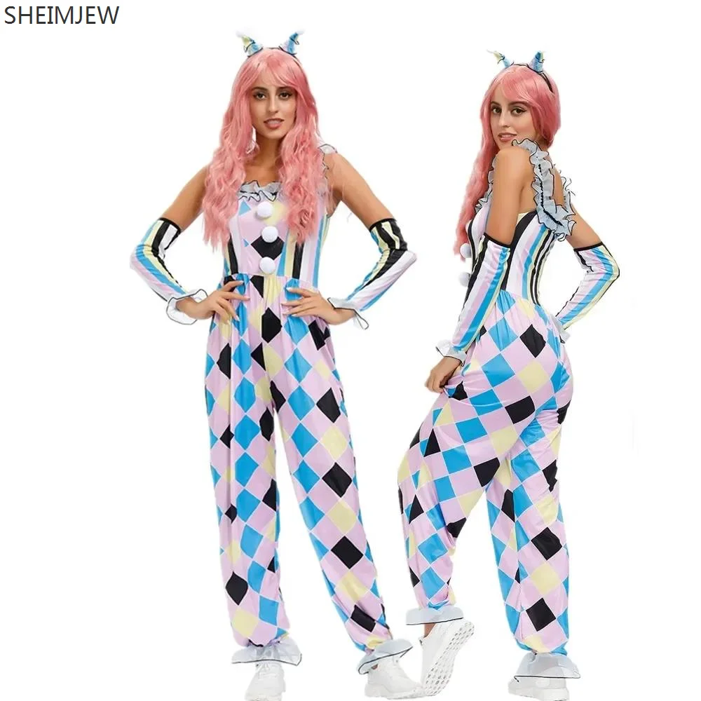 New Women's Circus Clown Cosplay Costume Honey Joker Roleplay Jumpsuit Headgear Gloves Halloween Party Stage Performance Outfits