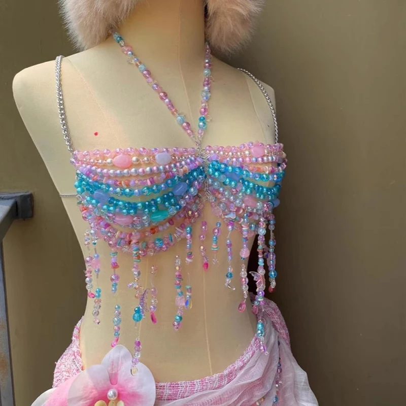 Sexy Women'S Handmade Tops Colorful Pearls Vest Sexy Ombre Beads Bustier Camisole Bra Chain Romantic Tank Top