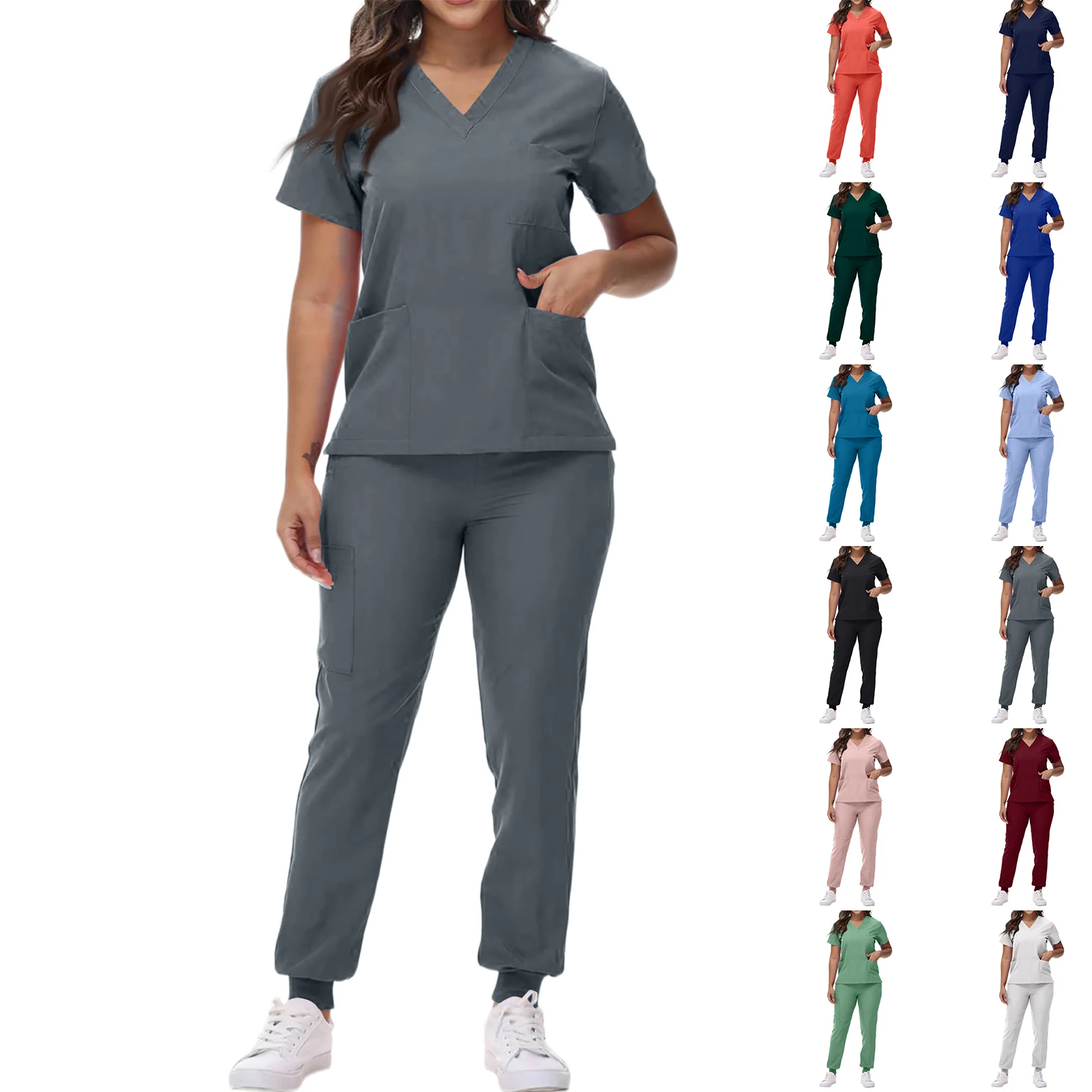 Set scrub da infermiera da donna con scollo a V manica corta pantaloni da jogging multitasche multicolori abbigliamento da lavoro professionale accogliente medico