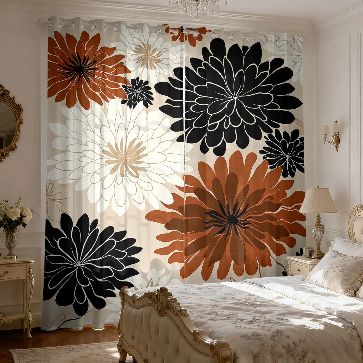 2pcs retro color-blocked chrysanthemum-printed curtains  bedroom, providing privacy adding stylish decorative touch your home