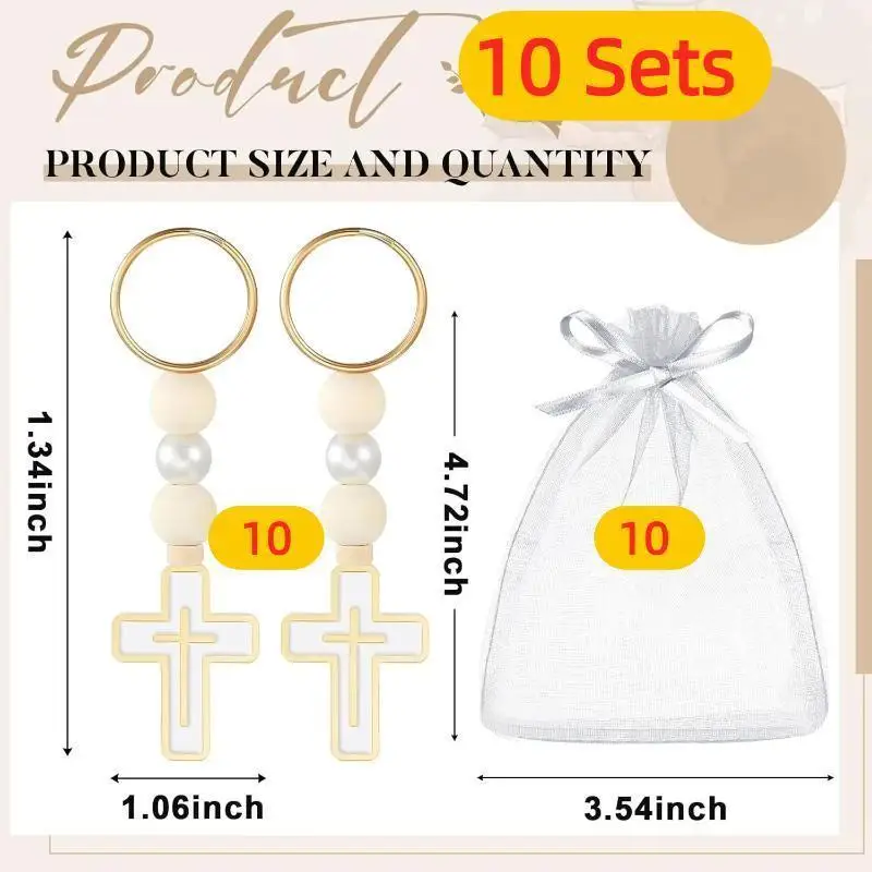 10/20Pcs First Holy Communion Favors Rosary Beads with Cross Crucifix Keychain with White Organza Bag Baptism Favors