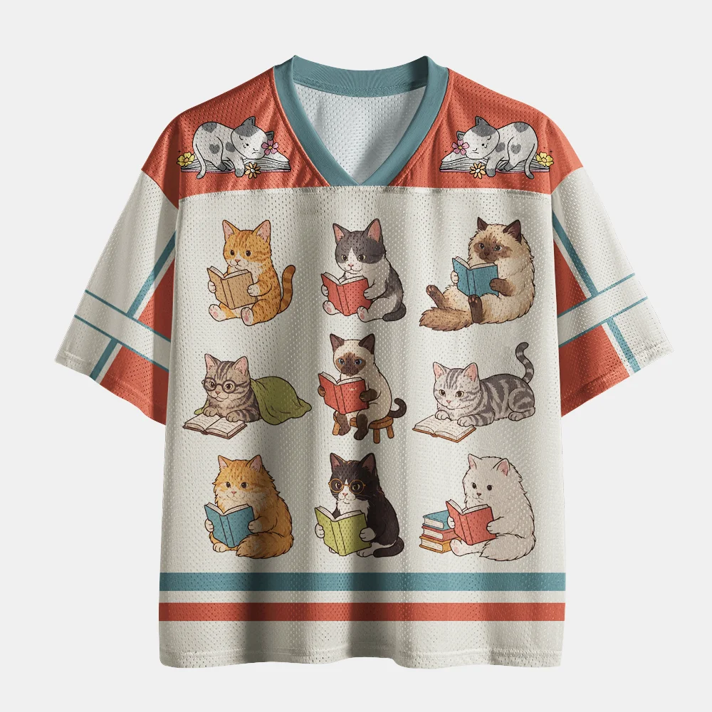 Cute Reading Cats Collection Mesh Jersey Tee, Vintage Cartoon Kitten Book Print V Neck Short Sleeve Casual Shirt
