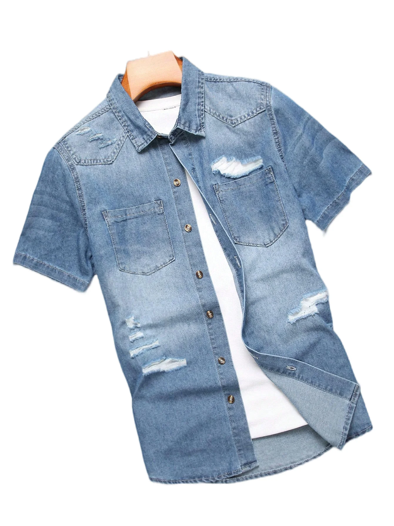 Men's Summer Blue Short-Sleeved Denim Shirt with Ripped Details. The Ripped Design Elements Showcase a Trendy and Casual Style