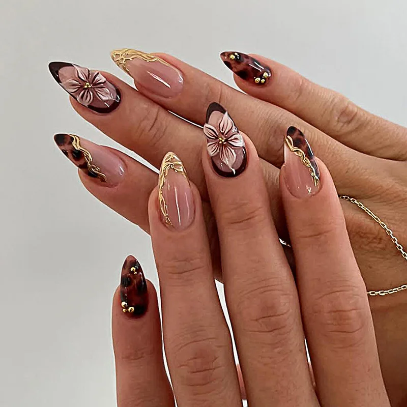 

24PCS Autumn Winter Amber Almond Press on Nails 3D Flowers Golden Patterns French Fake Nails for Women Leopard Print False Nails
