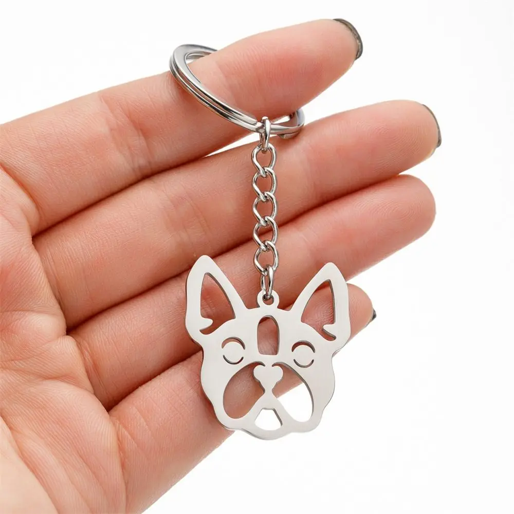 Animal Keyring Dog Keychain French Bulldog Stainless Steel Dog Pendant Keyring Bag Pendant Metal Pet Memorial Keychain