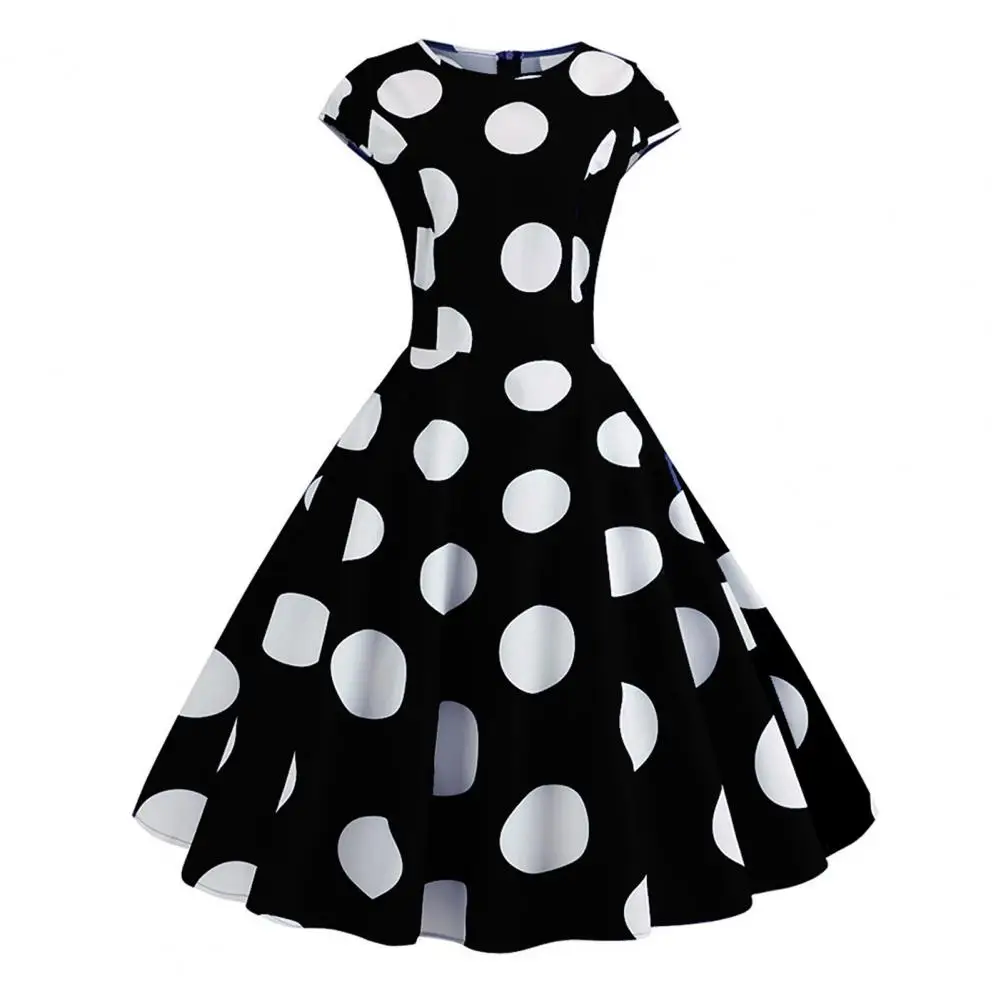 Vintage Dot Printed Women Midi Dress Women's Spring Summer Polka Dot Dress Fashionable High Waisted Large Hem Casual Dress