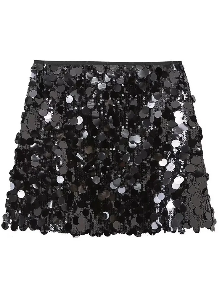 Women's Chic Sequined Solid High Waist Mini Skirt with Side Zipper Vintage Fashion Female Lady Skirts