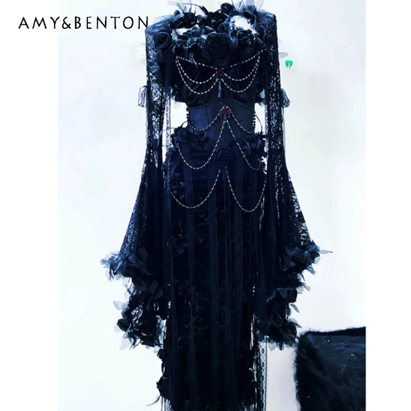 

Vintage Gothic Black Court Halter Women's Dress Original Design 2025 New Sweet Cool Halloween Sleeveless Dresses Suit Ladies