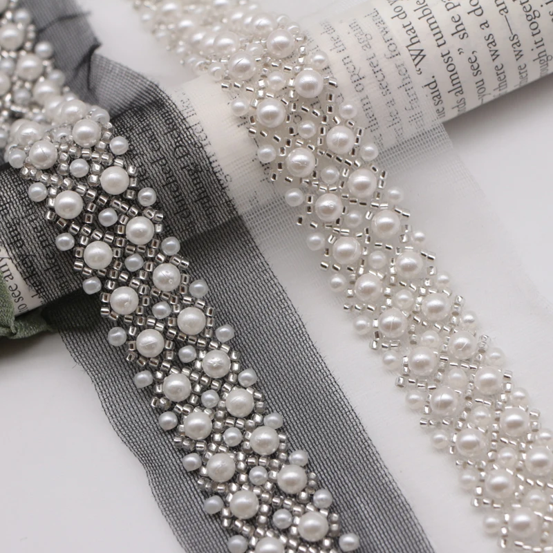 1Yard White Black Pearl Lace Beaded Trim 4.5CM Wide Embroidery on Mesh Pearl Ribbon DIY Crafts Bel Decoration Sewing Clothes