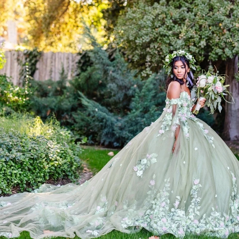 

Sage Green 3D Flowers Floral Appliques Lace With Cape Quinceanera Dresses Ball Gown Off The Shoulder Corset Vestidos De 15 XV