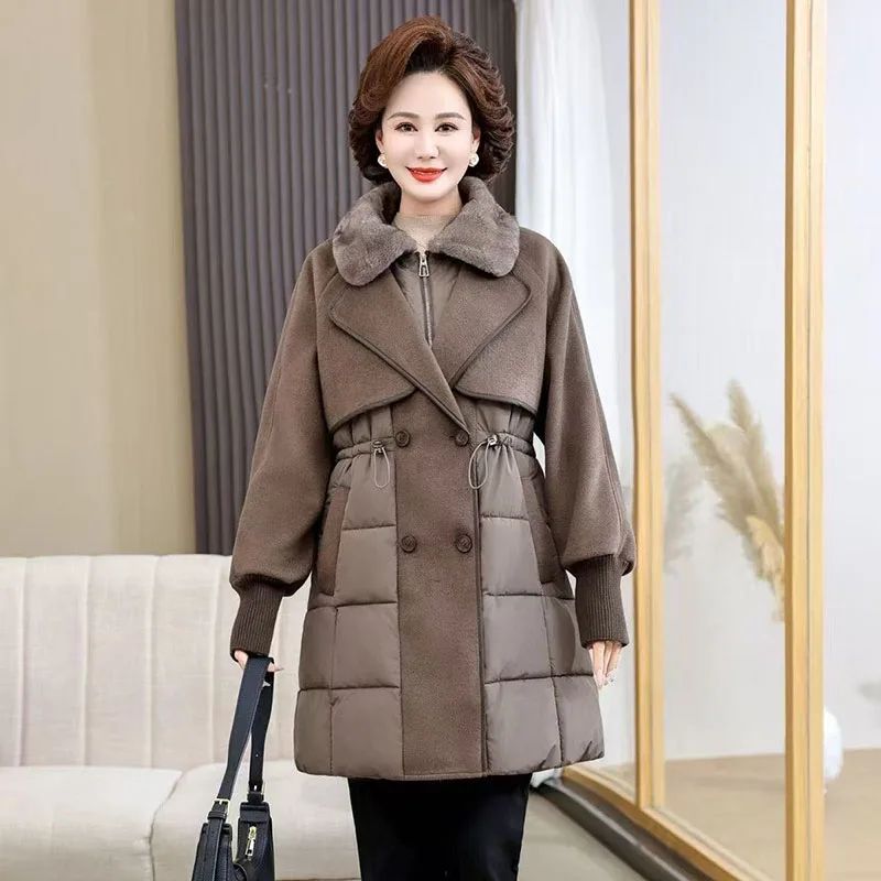 

2025 Winter New Fake Two Pieces Fashion Mother Medium and Long Coat Coat Women's High-end Foreign Style Thickened Cotton Clothes