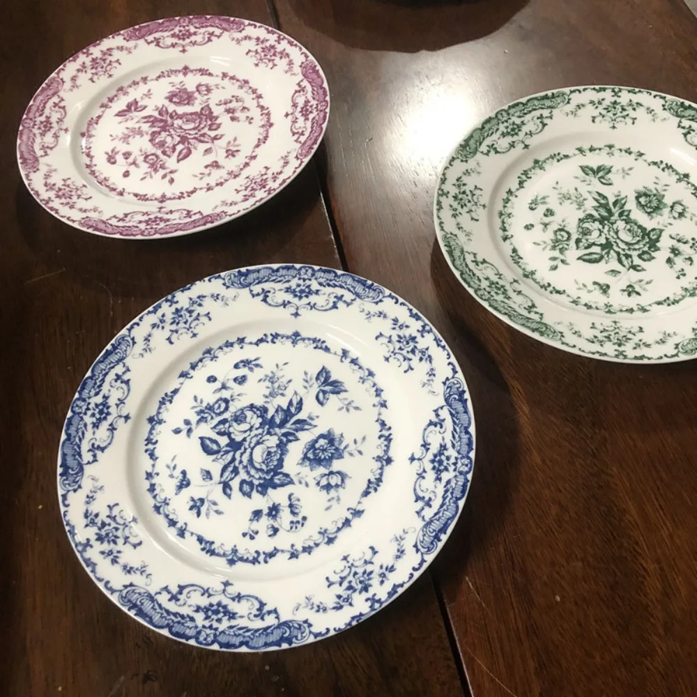 Dinner Set Retro Nordic Flower Pattern Disc Ceramic Elegant Dinner Plate Light Luxury Exquisite Dessert Plate Restaurant