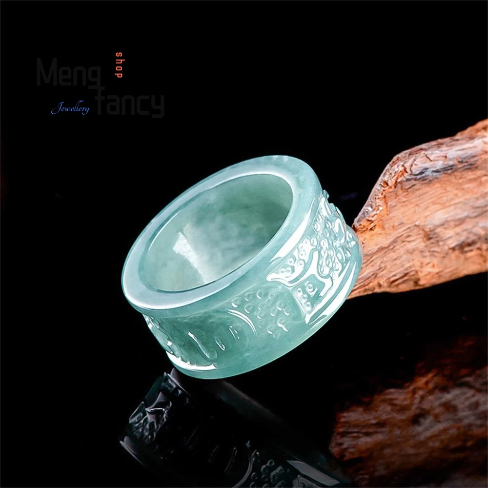 

High-grade Natural A-goods Jadeite Blue Water Six Words Of Truth Three-dimensional Carving Ice Jade Ring Luxury Fashion Jewelry