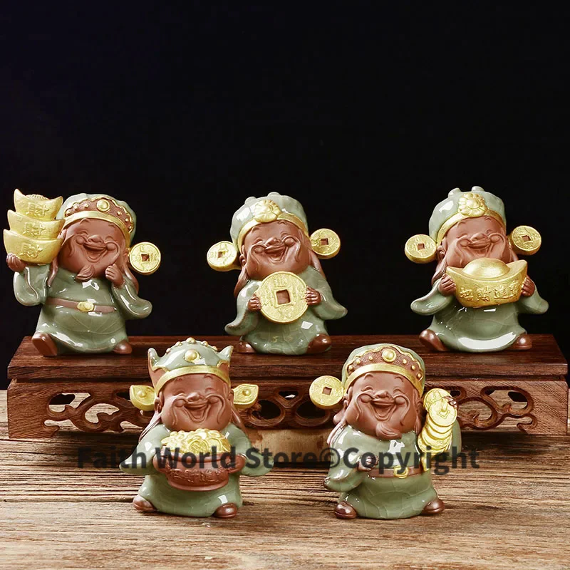 

5PCS -Marvellous Spiritual ART OFFICE home business SHOP Money Drawing God of wealth CAI SHEN Ge Yao kiln porcelain pottery ART