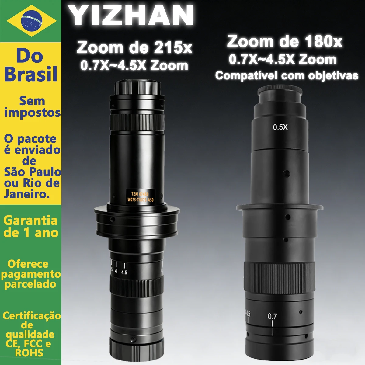 Do Brasil, Lente de Foco com Ampliação Ajustável 215X 180X 150X 130X, Lente de Zoom 180X com Ampliação de 0.7X~4.5X para Câmera de Microscópio