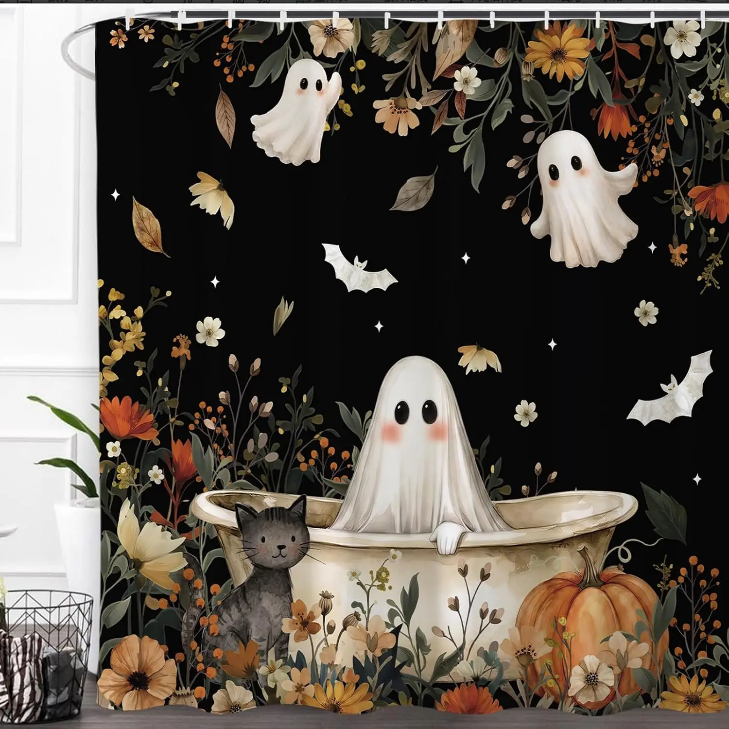 Halloween Shower Curtain Spooky Ghost Pumpkin Highland Cow Print Cute Funny Bathroom Curtain with Hooks Home Party Decoration