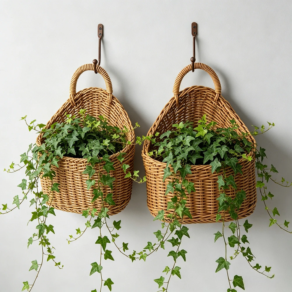 Hand Woven Hanging Rattan Storage Basket Christmas Wall Decor Organizer for Kitchen Bathroom Nursery Closet Cafe Flower Planter