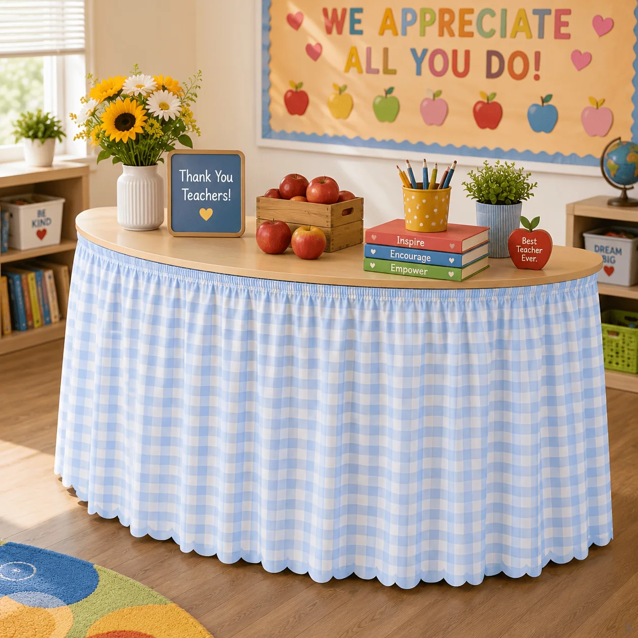 Blue Gingham Table Skirt, featuring a light blue and white checkered pattern, with a fresh and rural floral design.