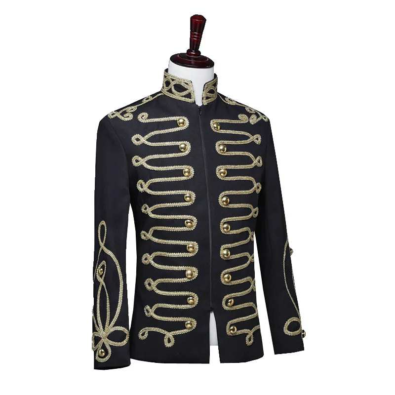 Adult Golden Trim Military Jacket Medieval Drummer Blazer Jacket Stand Collar Zipper Punk Gothic Parade Jacket Men DJ Club Wear