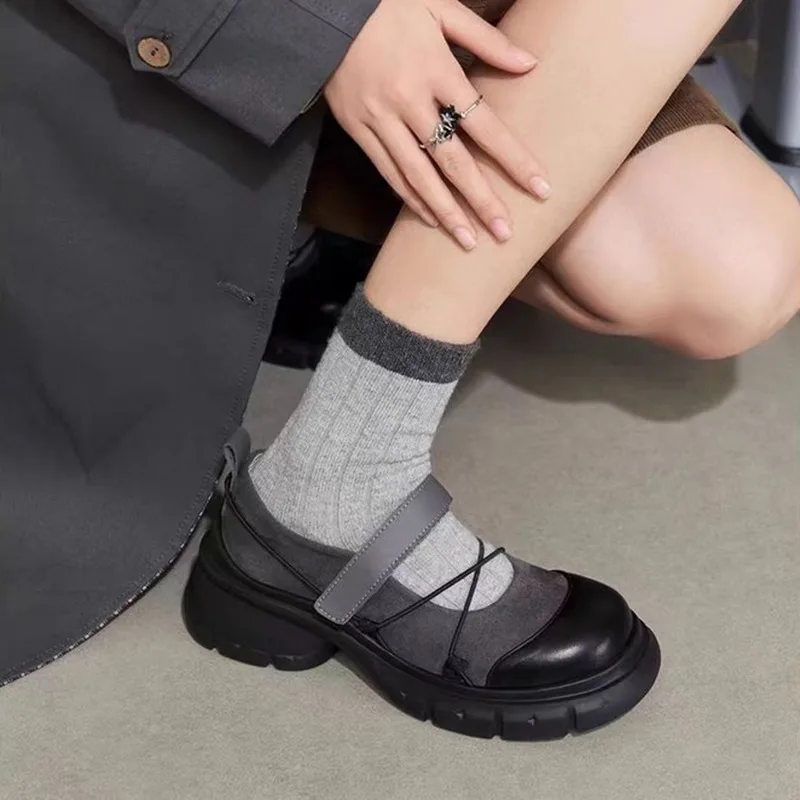Retro Thick Bottom Mary Jane Shoes Women New Fashion Chunky Heel Women\'s Sneakers Black Gray Heightening Shallow Single Shoes