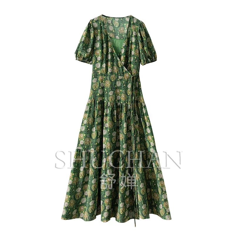 

Romantic Spring Printed natural Silk Bubble Sleeve Tea Break Dress Spring Family Girl 12C2 vestidos elegantes para mujer