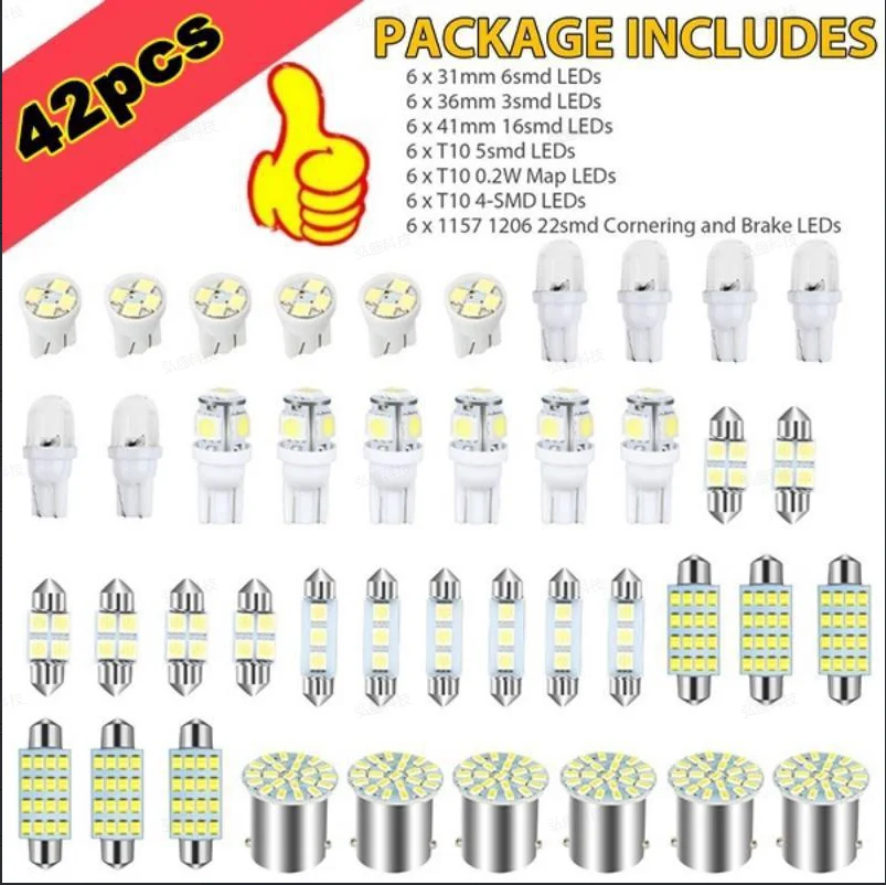 42Pcs LED Car Interior Lights T10 6000K SMD LED Replacement License Plate/Reading Light Bulbs Xenon White Interior Light Bulbs