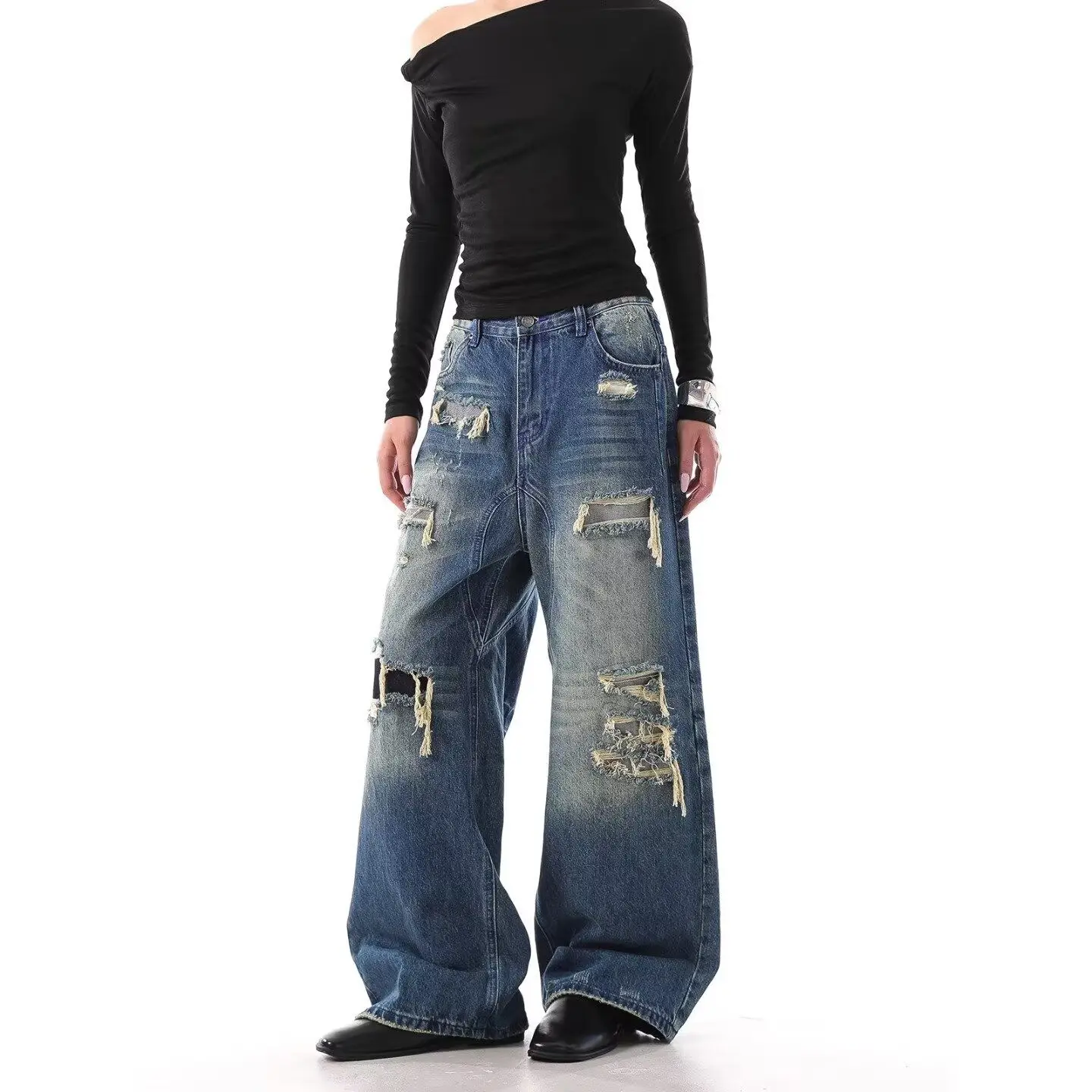 

Women's Blue Ripped Casual Denim Pants Cargo Baggy Harajuku Streetwear Aesthetic Fashion Washed Vintage Denim Fabric Clothing