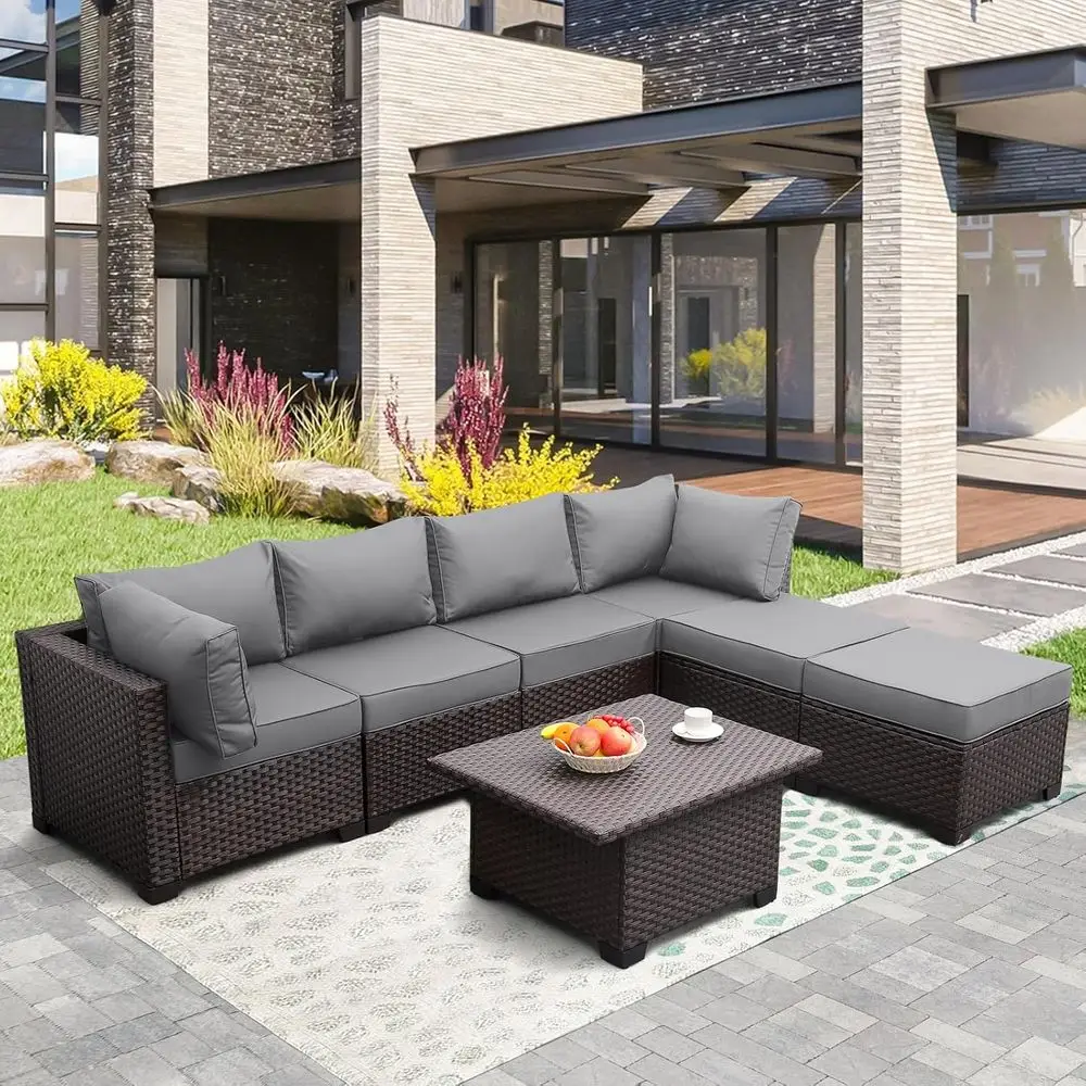 

7-местный комплект садовой мебели из ротанга с откидным столиком и противоскользящими серыми подушками