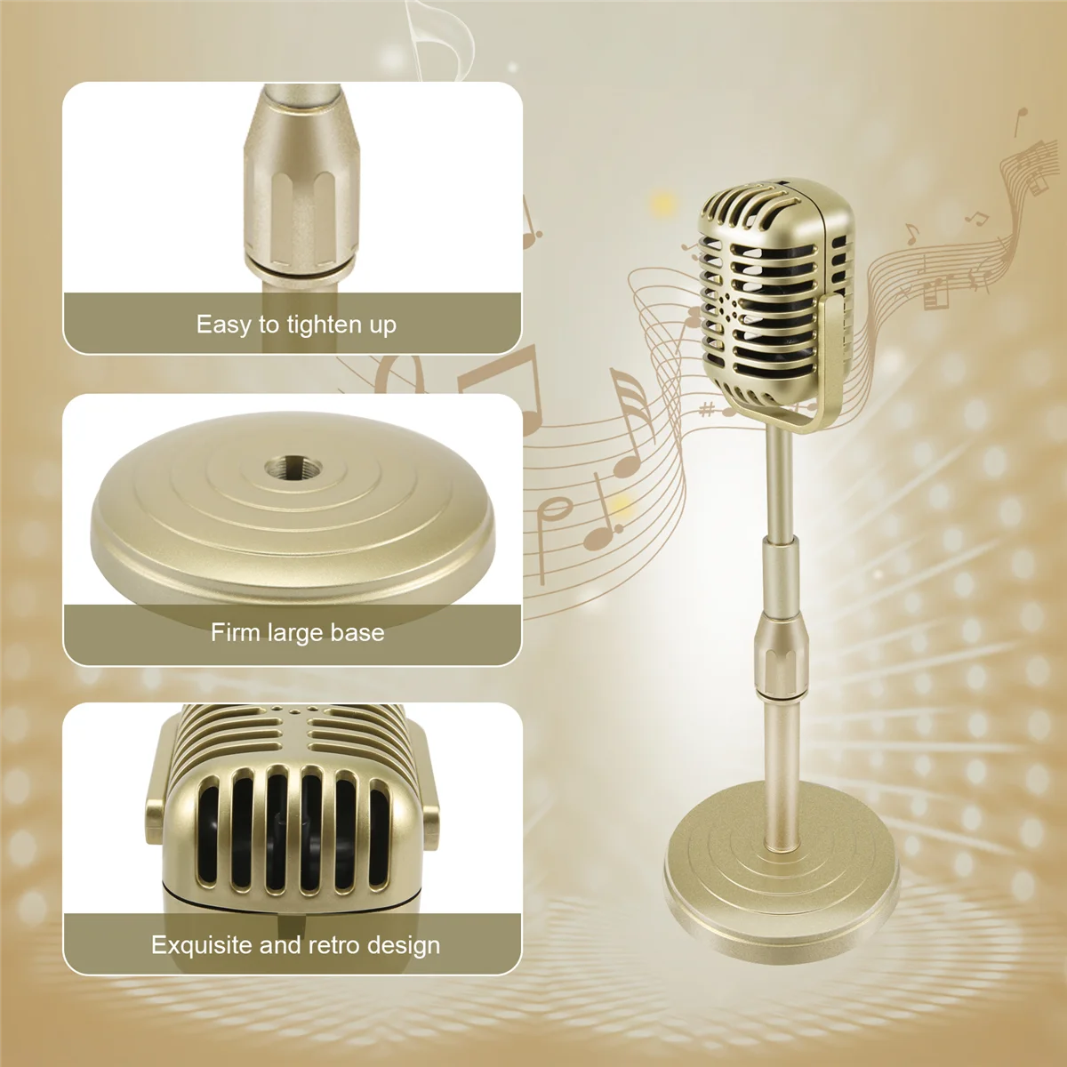 Vintage Desktop Microphone Prop Model with Adjustable Height, Classic Retro Style Microphone Stand Fake Mic Prop,Gold