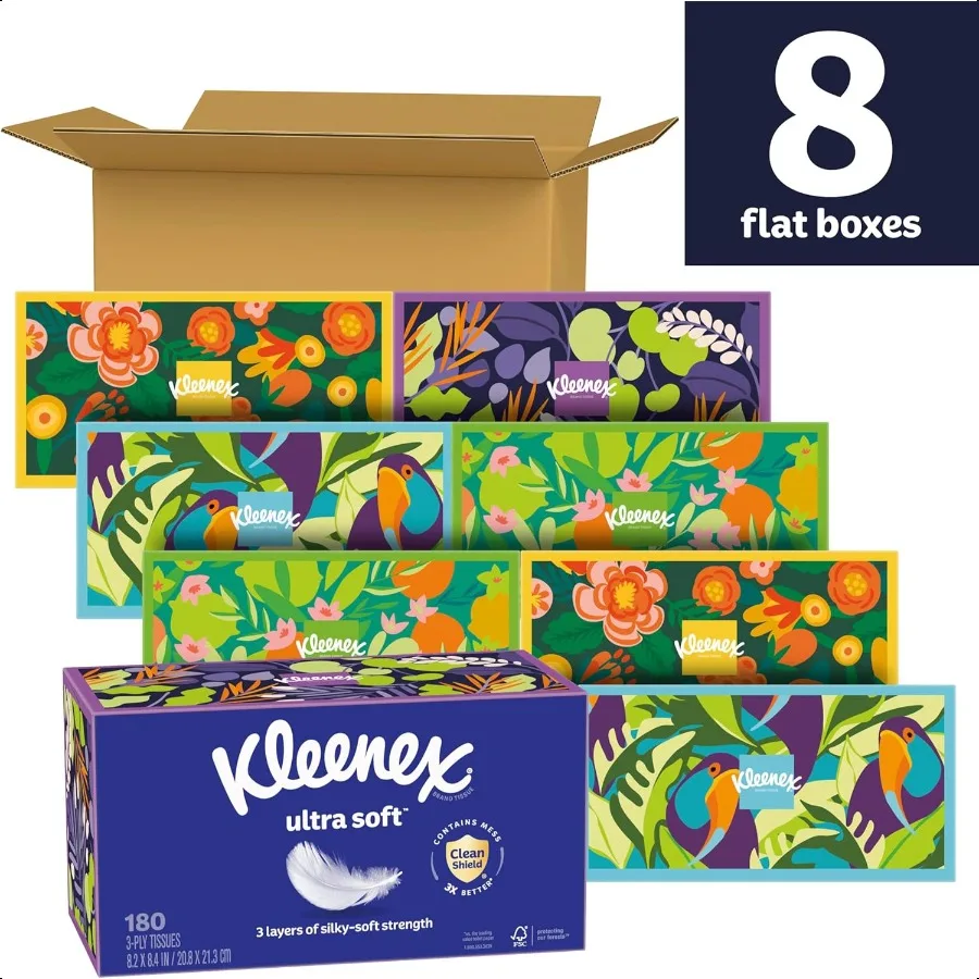 Kleenex Ultra Soft Facial Tissues 8 Flat Boxes 180 Tissues per Box 3Ply Packaging May Vary