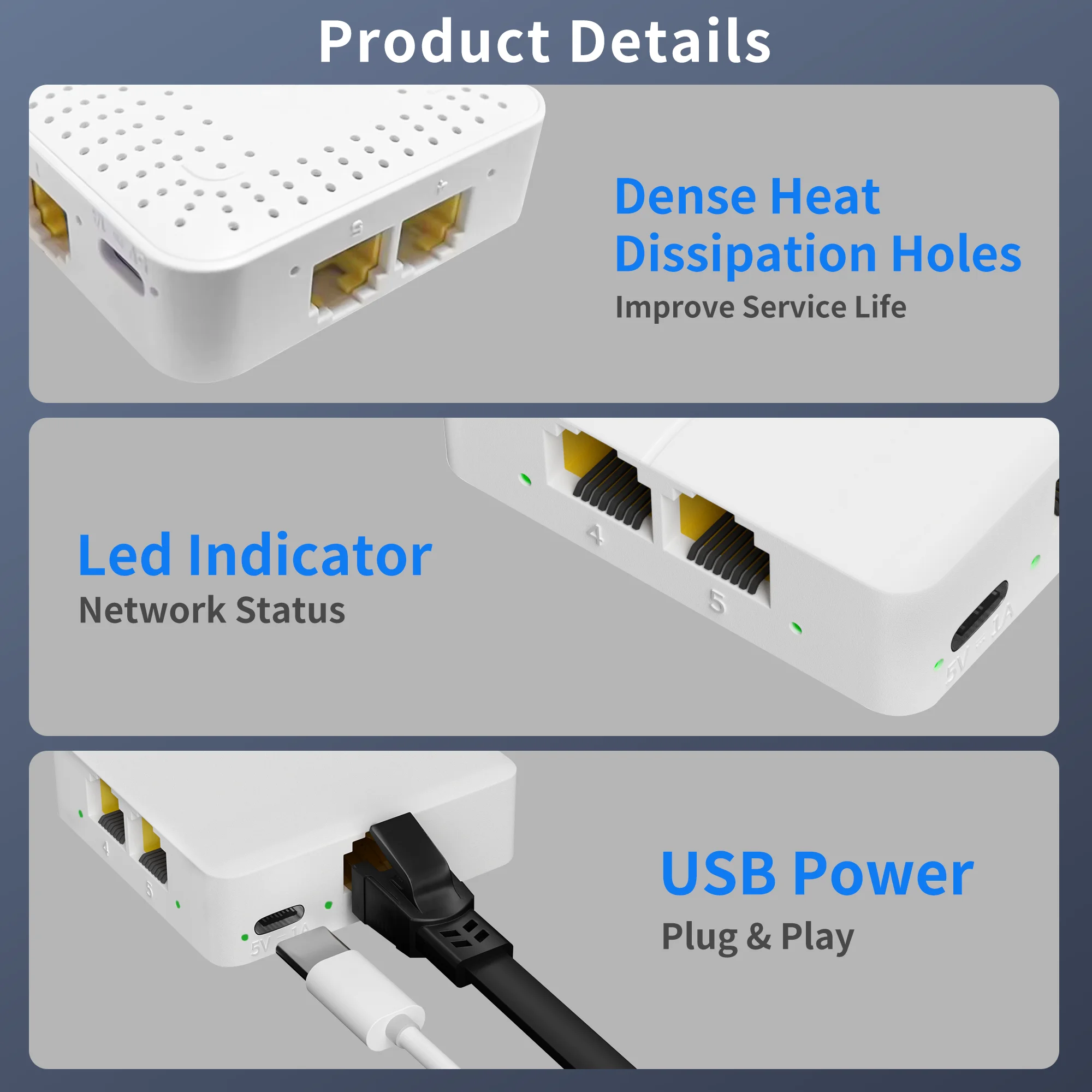 Ethernet Splitter Switch Adapter with USB Power Cable, Gigabit Lan Splitter Support 2/4 Devices Simultaneously Networking