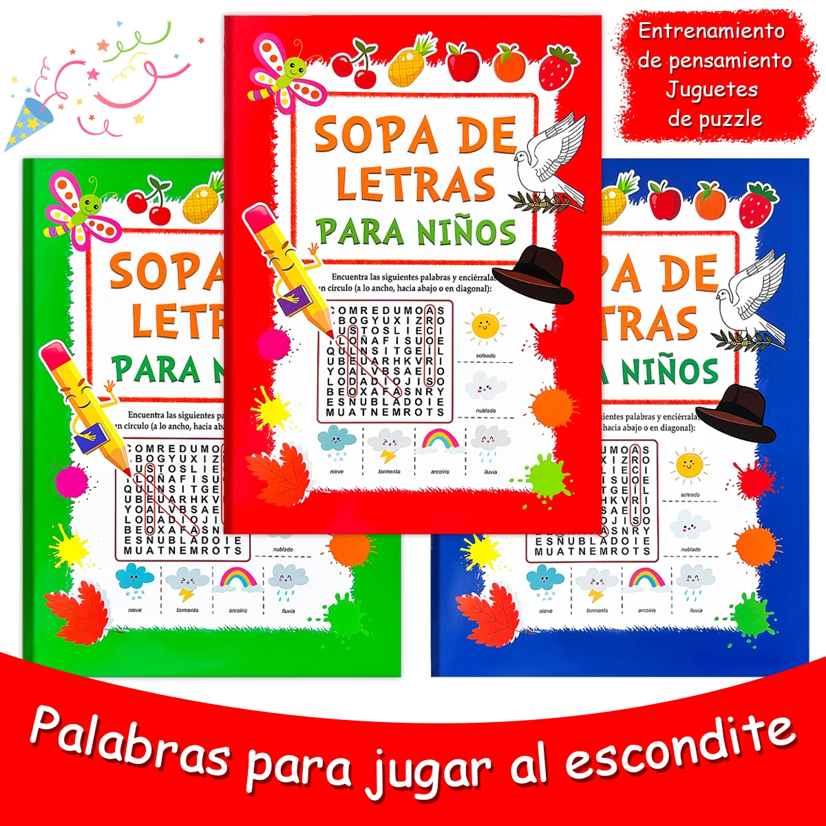 Multi colored Sopa De Letras book, three optional puzzle word search games, suitable for brain thinking training