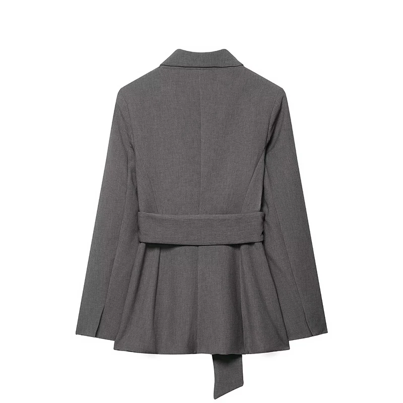 سترة Willshela للسيدات مع وسادة رمادية برباط علوي عتيقة برقبة مدببة وأكمام طويلة ملابس نسائية أنيقة