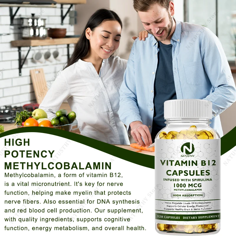 1000mcg Vitamin B12 Capsules With Organic Spirulina - Immune Nervous System - Support Mental Clarity - Energy Metabolism Support