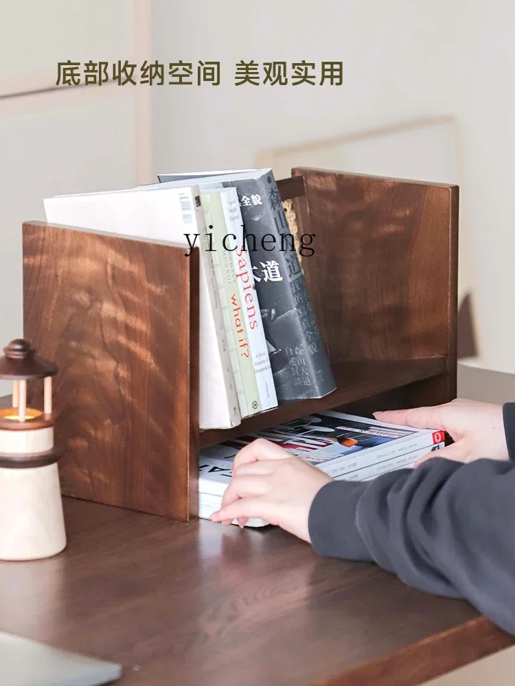 TQH Solid Wood Desk Bookshelf Desktop Shelf Office Small Shelf Black Walnut Easy Storage living room decoration