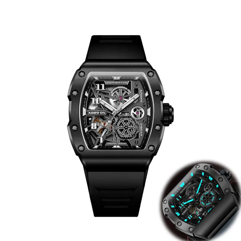 Wine Barrel Shape Men's Watch Hollowed-out Mechanical Rubber Strap Watch Sapphire Glass Sports Watch Silverstone Series Gift