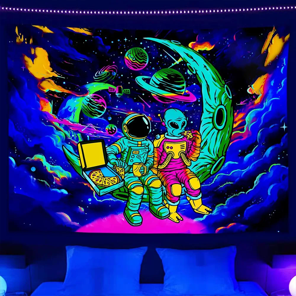 Black Light UV Reactive Alien Tapestry Hippie Hiphop Fluorescent Psychedelic Astronaut Wall Hanging Tapestry for Bedroom Decor