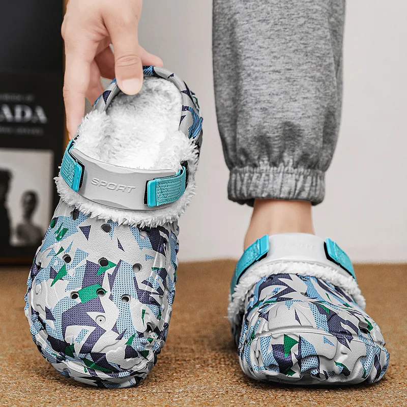 شباشب رجالية قباقيب شتوية دافئة أحذية فروي قطيفة إيفا الشرائح لينة مريحة عدم الانزلاق الصنادل النعال حذاء كاجوال قباقيب الرجل