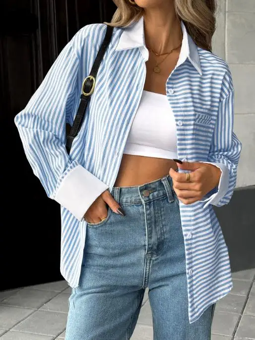 

Korean Popular Women's Shirt Lapel Stitching and Striped Stitching Trendy Shirt Fashion Temperament Urban Shirt for Women