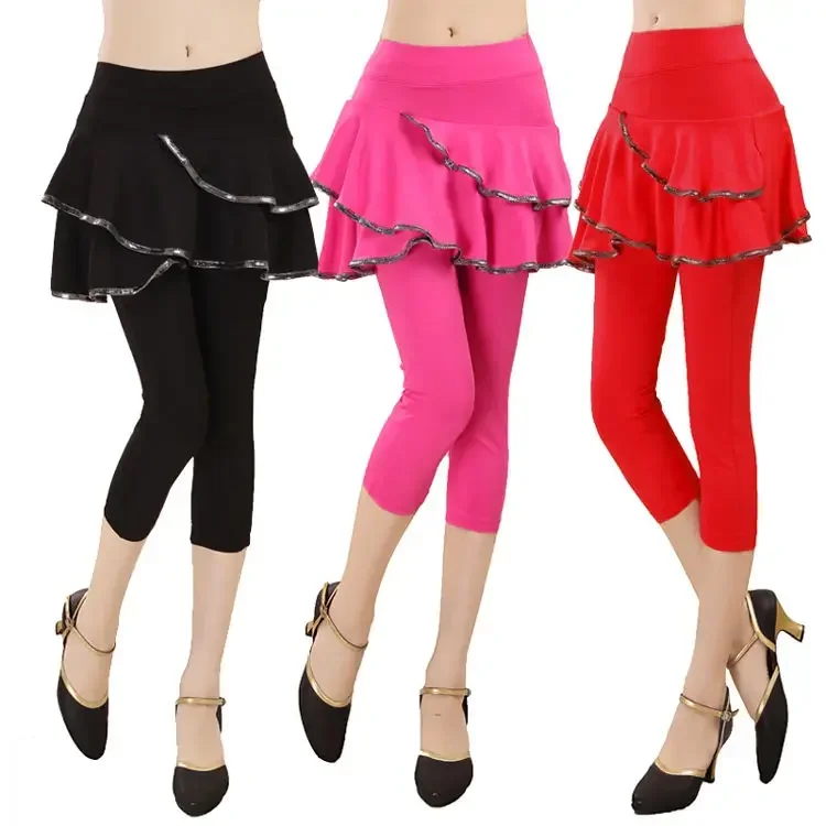 2024 Women Fake Two Piece Dancing Skirt Pants Square Dance Pants Silk Latin Dance Practice Pants Women  Divided Skirt Z396