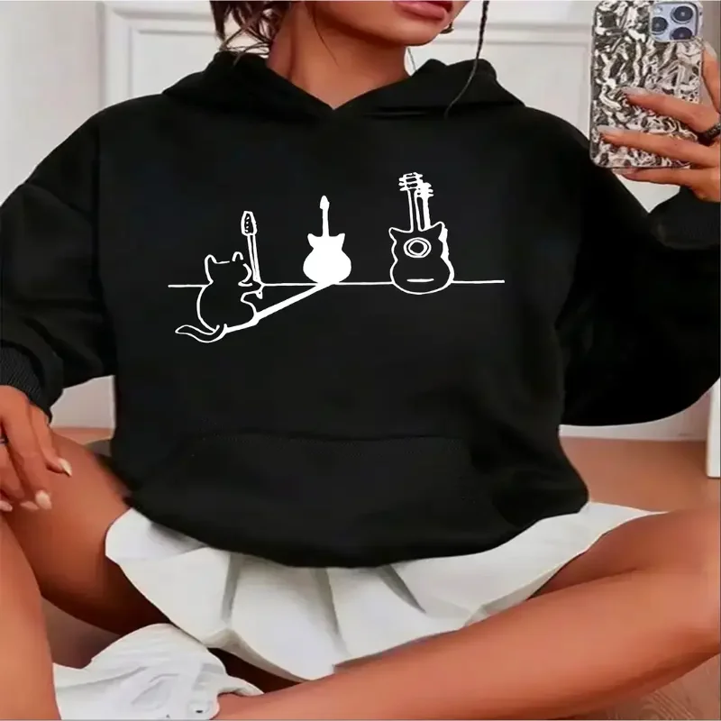

Womens Y2K Streetwear Hoodie Cute Cat Guitar Graphic Pullover Kangaroo Pocket Drop Shoulder Fall Winter Season Comfortable Fit