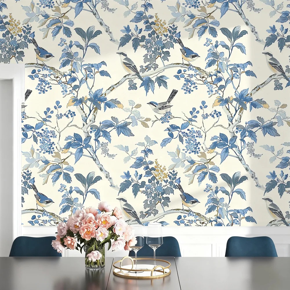 Vintage Chinoiserie Blue Bird & Branch Print Self-Adhesive Wallpaper Removable Peel and Stick Wall Sticker for Home Renovation