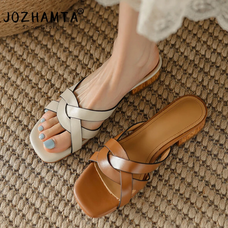 JOZHAMTA Size 34-40 Real Leather Women Mules Sandals Real Leather Woven Chunky Mid Heels Summer Shoes Casual Daily Home Dress