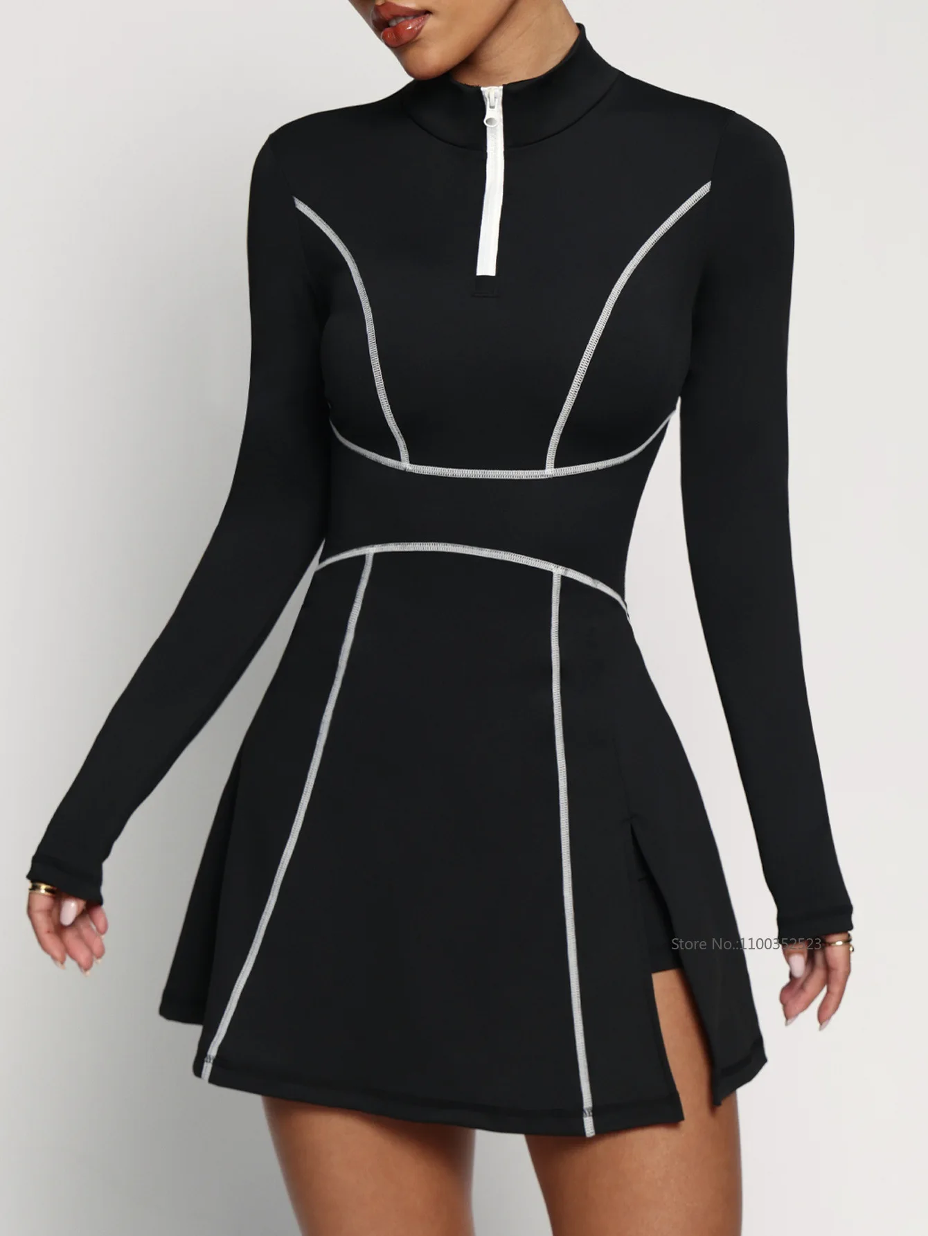 Ladies Long Sleeve Slim Tennis Dresses with Short Contrast Color Golf Workout Dress Women Zipper Collar Fitness Running Skirts view 4